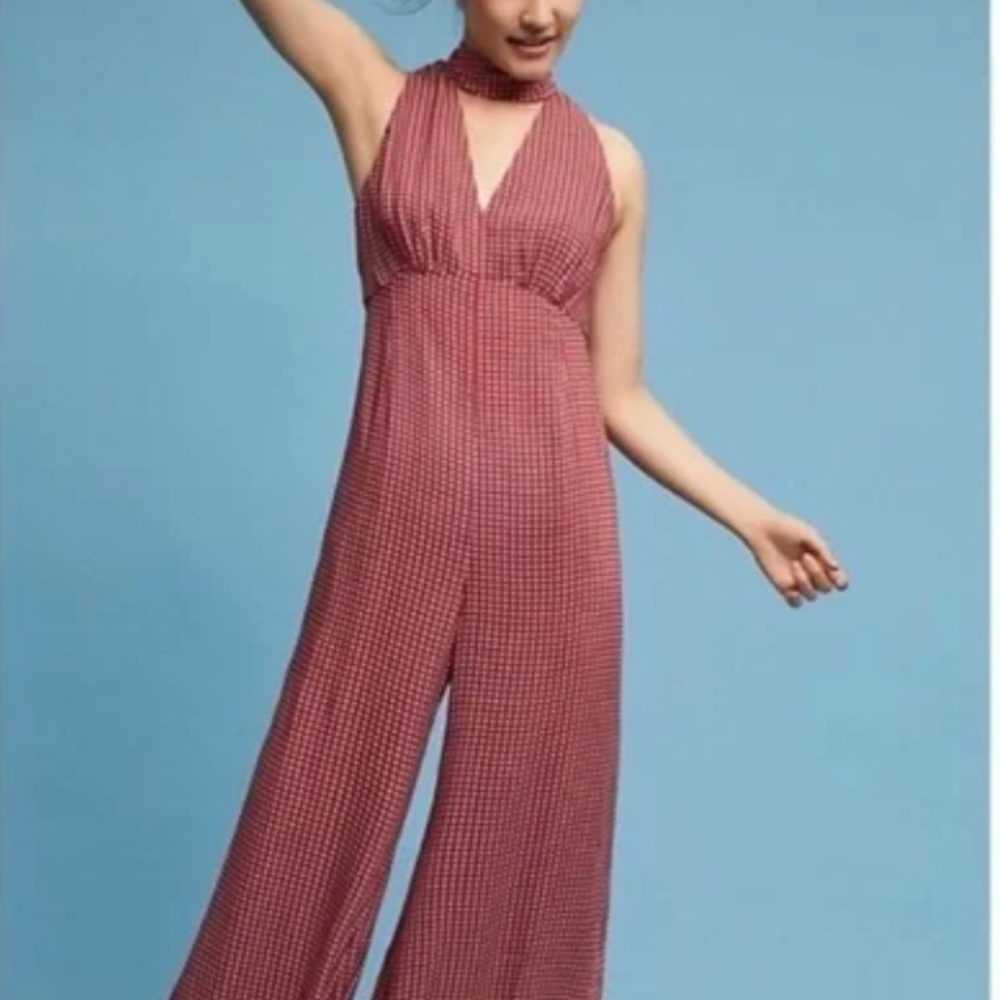 Anthropologie Maeve Farida Jumpsuit Red Wide Leg Halter Mock Neck Size 6
